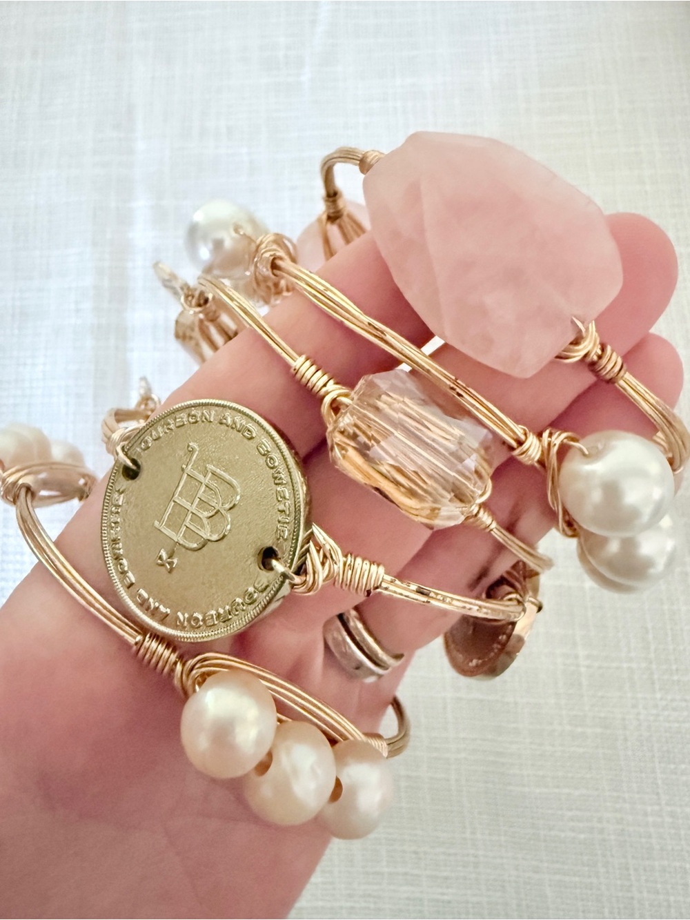 5-Pc Bourbon & Bowties Bracelet Set • Signature Coin, RoseQuartz, Pearl, Crystal - Picture 7 of 8